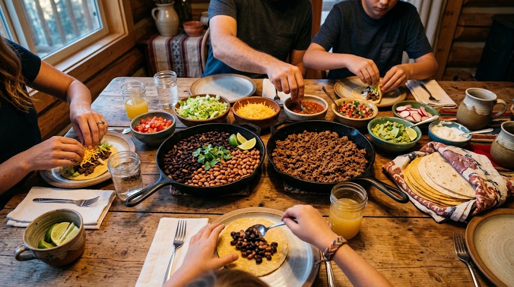 Family taco night at a wooden table, with one cast-iron skillet of black and pinto beans and one of seasoned ground beef, bowls of toppings, warm tortillas, and a child spooning beans onto a tortilla