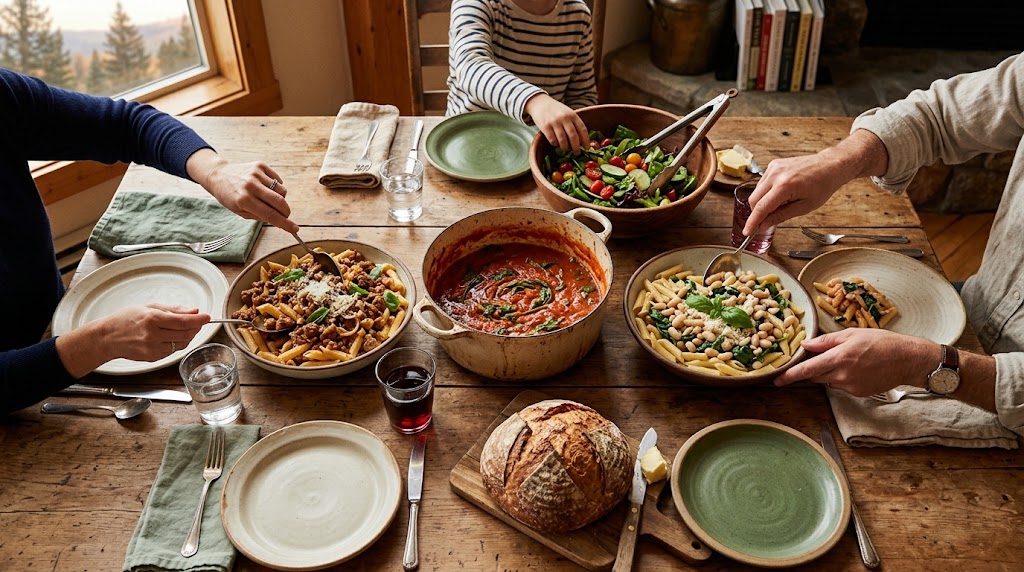 Overhead view of a family dinner table with a pot of tomato sauce, one dish of penne with sausage and one with white beans, a green salad, and crusty bread