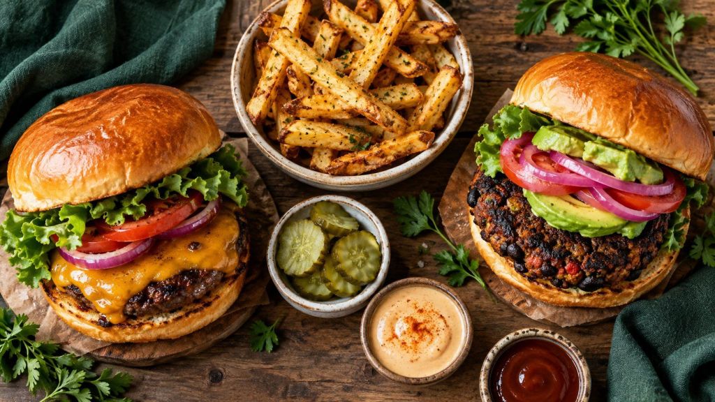 Beef cheeseburger and chipotle black bean burger with avocado side by side on a wooden table, with shared fries, pickles, and dipping sauces.