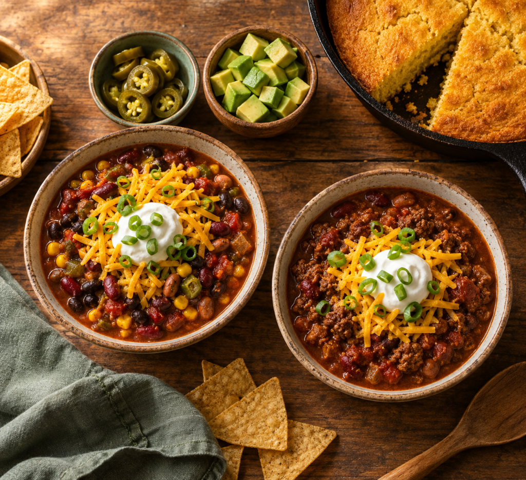 Two bowls of chili on a wooden table, a three-bean vegetarian chili and a beef chili, topped with cheddar, sour cream, and green onions, with cornbread on the side.