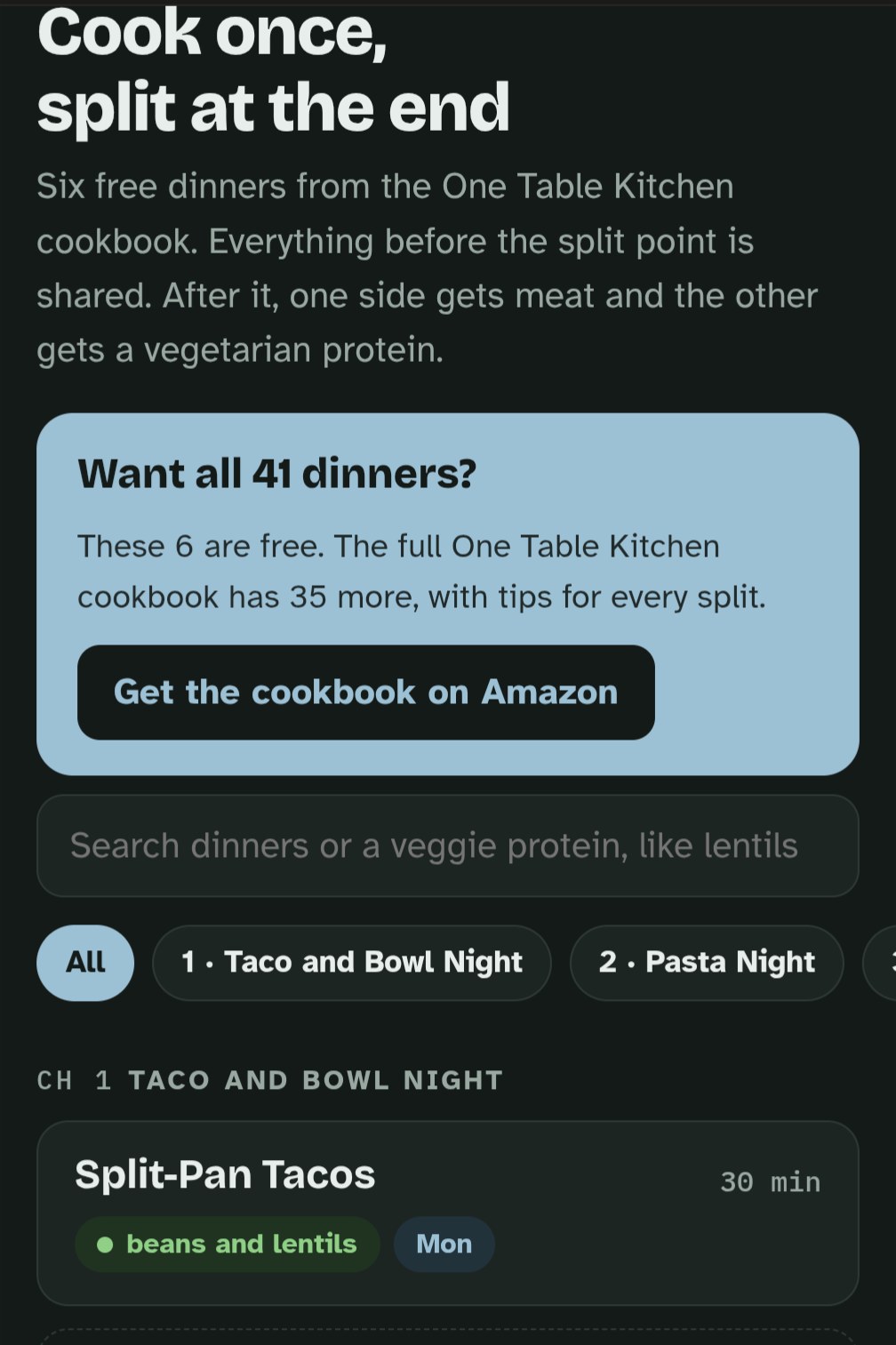 The free One Table Kitchen planner on a phone, showing the Split-Pan Tacos recipe card and a box offering all 41 dinners in the cookbook