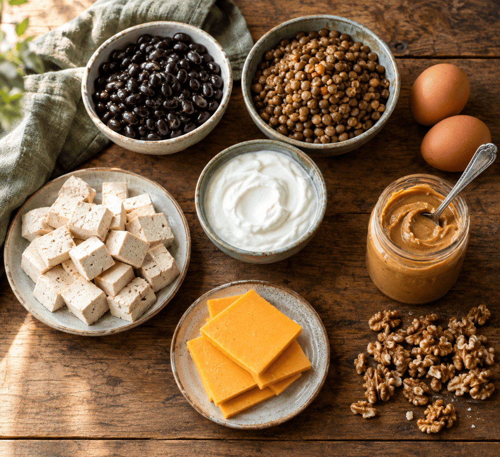 Overhead view of vegetarian protein foods on a wooden table: black beans, lentils, Greek yogurt, tofu cubes, sliced cheddar, eggs, a jar of peanut butter, and walnuts.
